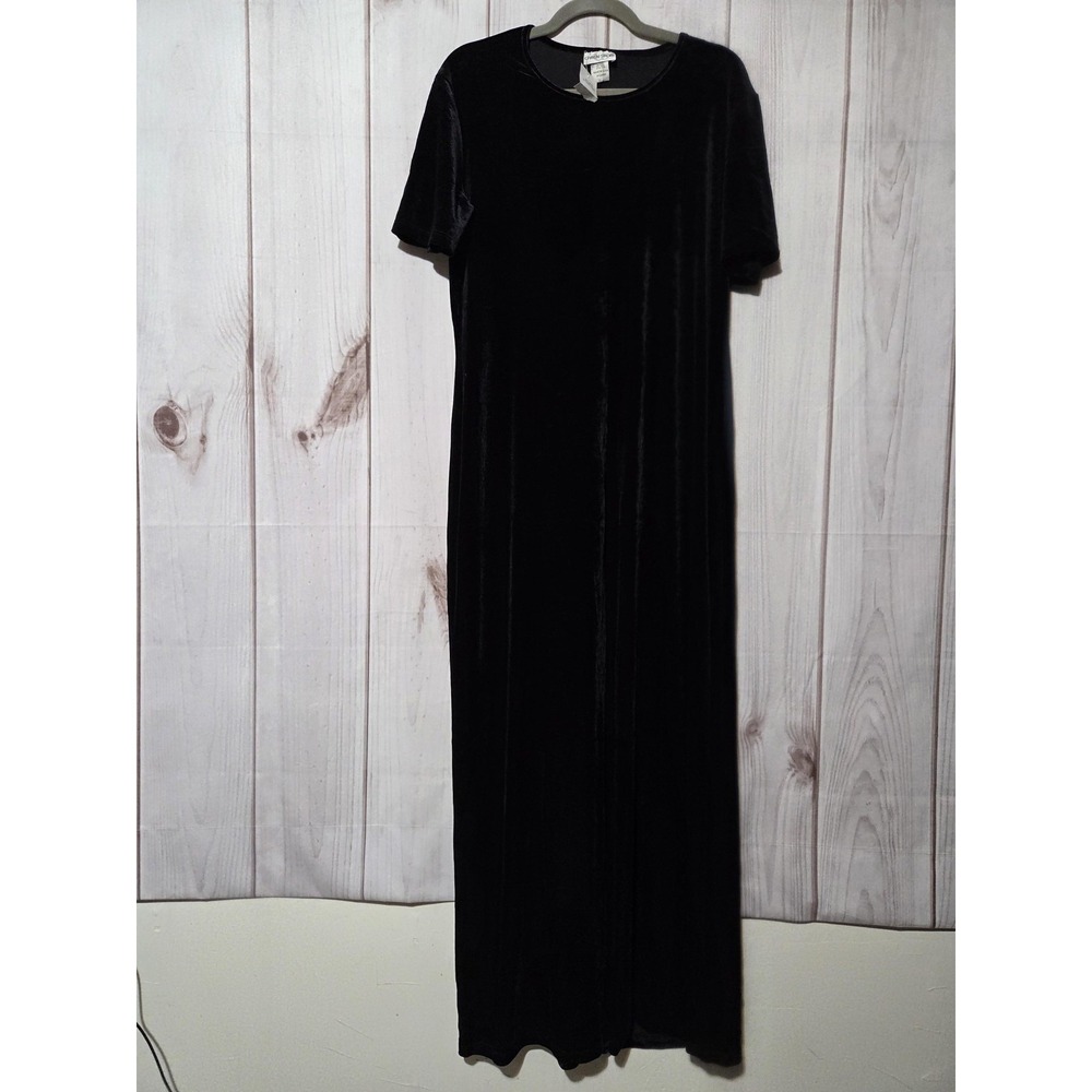 Vintage Caren Sport Dress Womens Large Black‎ Velvet Short Sleeve Maxi Made USA